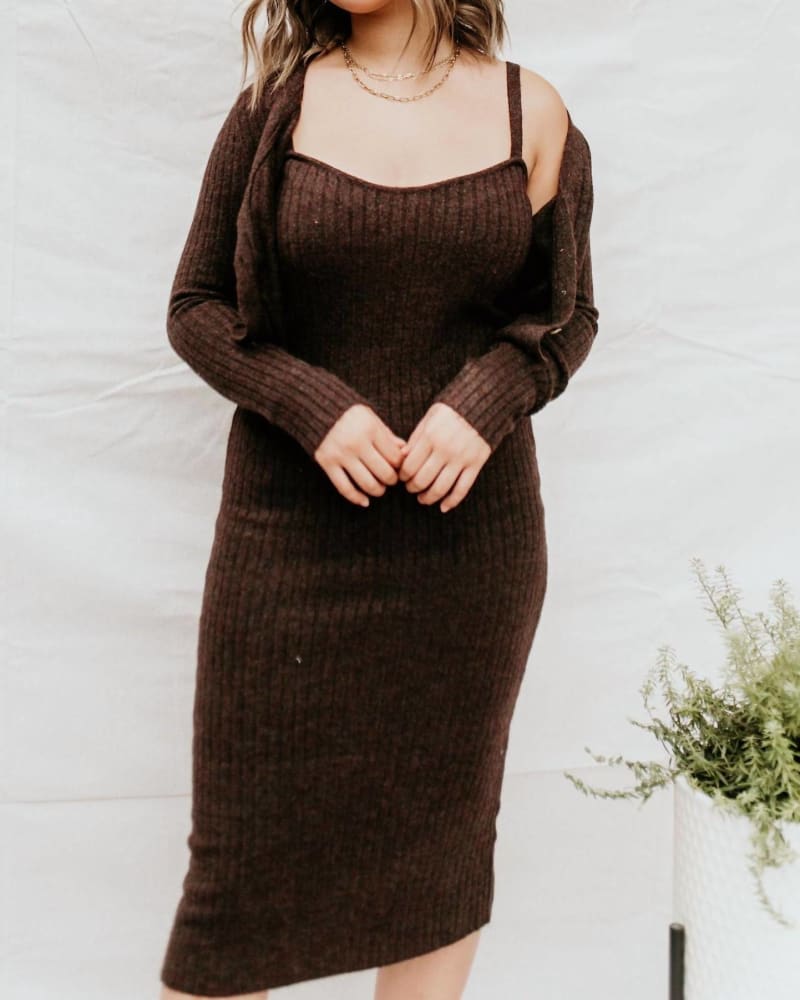 Front of a model wearing a size L Linger Dress Set in Chocolate in Chocolate by LUSH. | dia_product_style_image_id:337376